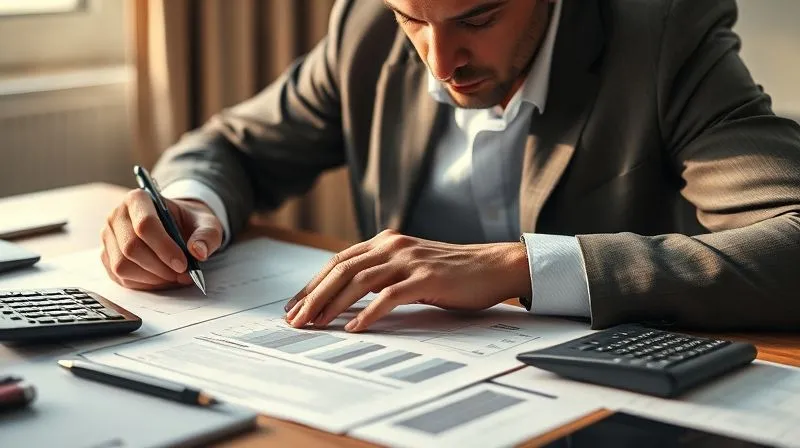 photorealistic, professional photography, 8K, cinematic lighting, sharp focus, depth of field, shot on a high-end DSLR, a person meticulously organizing financial documents on a desk, a calculator and a pen nearby, a focused and determined expression, warm, natural light illuminating the scene.