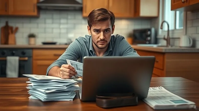 A photorealistic image of a person sitting at a kitchen table, looking stressed but determined, surrounded by a stack of medical bills, a laptop open to a budgeting spreadsheet, and an empty wallet. Cinematic lighting, sharp focus on the person and bills, depth of field blurring the background, 8K hyper-detailed, professional photography, shot on a high-end DSLR.
