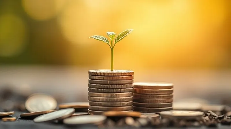 A photorealistic image of a small, green plant or seedling growing out of a stack of coins, symbolizing the gradual but steady rebuilding of an emergency fund. The background is a blurred, warm light, suggesting hope and growth. Cinematic lighting, sharp focus on the plant and coins, depth of field, 8K hyper-detailed, professional photography, shot on a high-end DSLR.