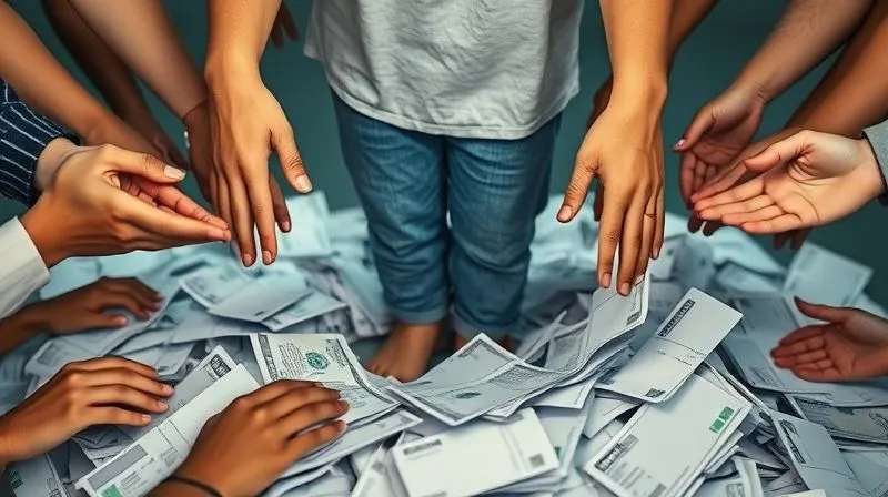 A photorealistic image depicting diverse hands reaching out and gently supporting a person struggling to stand amidst a pile of medical bills. The hands symbolize community, government, and non-profit support. Cinematic lighting, sharp focus on the hands and the supported person, depth of field blurring the background, 8K hyper-detailed, professional photography, shot on a high-end DSLR.