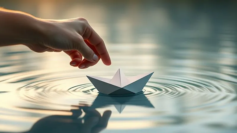 photorealistic, professional photography, 8K, cinematic lighting, sharp focus, depth of field, shot on a high-end DSLR, a person's hand carefully placing a small, intricately folded paper boat into a serene, calm pool of water, symbolizing a careful and deliberate step towards navigating financial challenges, soft, reflective light, a sense of cautious optimism.