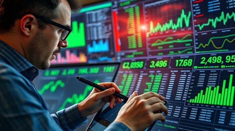 A photorealistic image of a financial analyst meticulously examining a complex spreadsheet filled with green and blue data points, representing environmental and social metrics. The analyst wears glasses and uses a stylus on a tablet, with other screens showing charts and graphs in the background. Cinematic lighting, sharp focus on the data, depth of field. 8K hyper-detailed, professional photography.