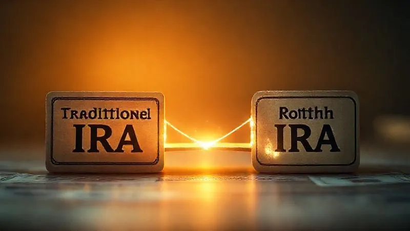 A photorealistic image of two distinct financial accounts, one labeled 'Traditional IRA' and the other 'Roth IRA', connected by a glowing, ethereal bridge, symbolizing the "backdoor" conversion process. Cinematic lighting, 8K, sharp focus, depth of field, shot on a high-end DSLR.