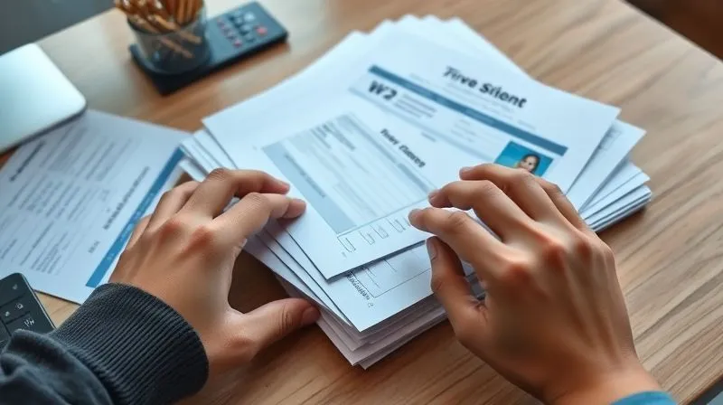 A photorealistic, professional photography, 8K, cinematic lighting, sharp focus, depth of field, shot on a high-end DSLR, showing a neatly organized desk with a student's hands carefully sorting through a stack of official documents: IRS tax transcripts, W-2 forms, a school-specific verification worksheet, and a driver's license. The documents are clearly legible, and the scene conveys a sense of diligent preparation and attention to detail.