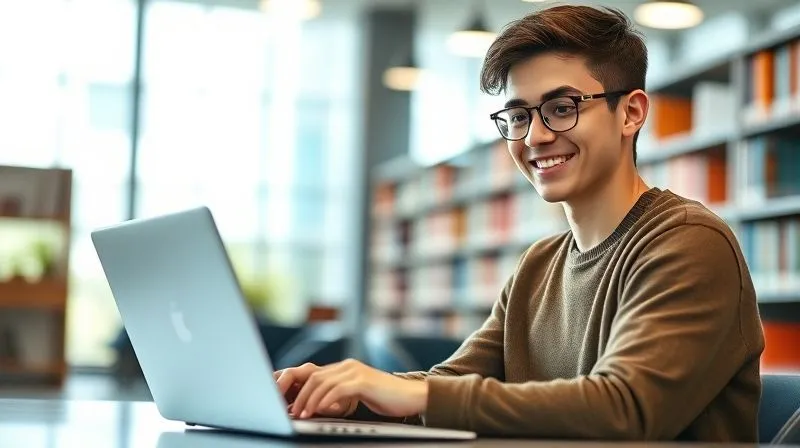 A photorealistic, professional photography, 8K, cinematic lighting, sharp focus, depth of field, shot on a high-end DSLR, depicting a student confidently using a laptop to navigate a university's financial aid portal, with a clear, positive expression. The background shows a modern, bright university library setting, conveying competence and control over the digital process.