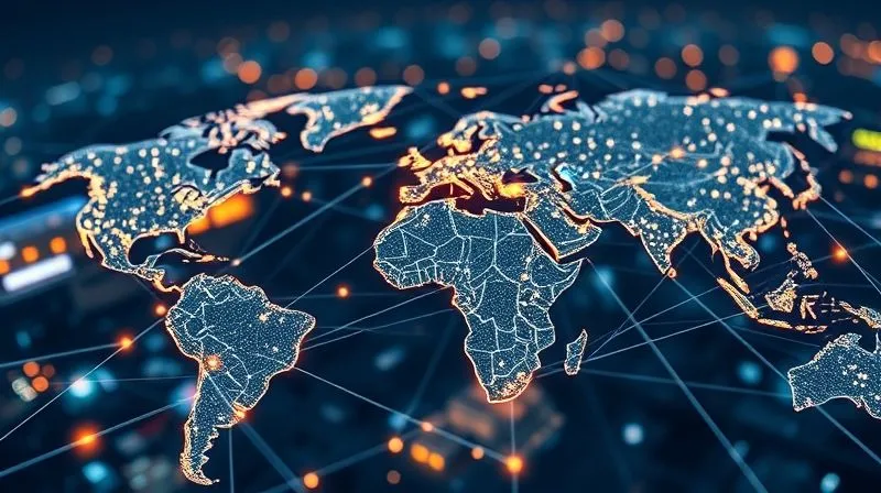 A photorealistic intricate global supply chain network, with glowing lines connecting continents and warehouses, digital data flowing, cinematic lighting, sharp focus on the interconnectedness, depth of field blurring distant nodes, 8K hyper-detailed, professional photography.