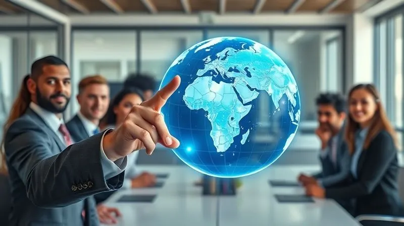 A photorealistic representation of a business executive pointing at a holographic globe, highlighting new market opportunities with glowing data points, surrounding by a diverse team in a modern, well-lit office. Professional photography, 8K, cinematic lighting, sharp focus on the executive and globe, depth of field blurring the background, shot on a high-end DSLR, conveying strategic expansion.
