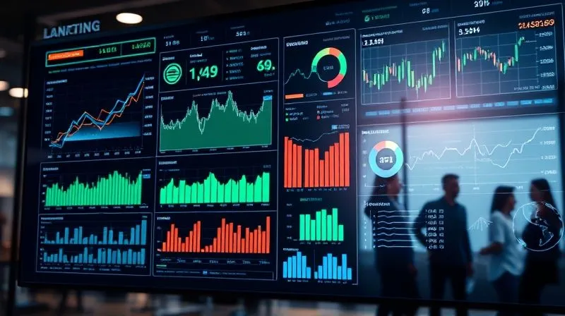 A photorealistic digital dashboard displaying complex financial data visualizations, including predictive analytics graphs, real-time market trends, and key performance indicators, with a diverse team collaborating in the background. Professional photography, 8K, cinematic lighting, sharp focus on the dashboard, depth of field blurring the team, shot on a high-end DSLR, conveying data-driven insights.