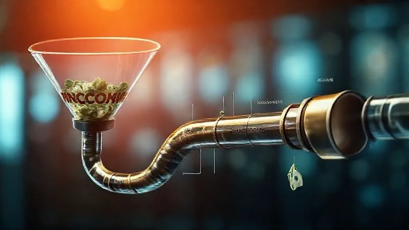 photorealistic, professional photography, 8K, cinematic lighting, sharp focus, depth of field, shot on a high-end DSLR. A visually engaging infographic-style image showing a dynamic flow of money. A large 'Income' funnel pours into a series of interconnected pipes labeled 'Needs', 'Wants', and 'Savings/Investments'. The 'Wants' pipe has several small, subtle leaks, while the 'Savings/Investments' pipe is robust and flowing into a growing pool of money. The overall impression is one of strategic financial management with clear pathways and a focus on growth.