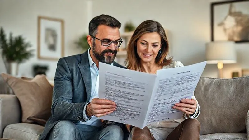 A photorealistic image of a seller and their real estate agent calmly reviewing a thick home inspection report, marked with notes, in a well-lit living room, professional photography, 8K, cinematic lighting, sharp focus on the report, depth of field.