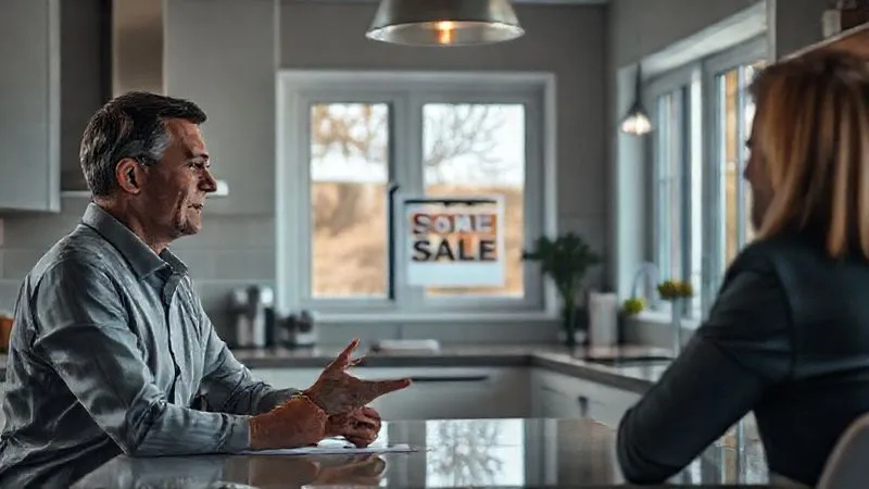 A photorealistic, professional photography, 8K, cinematic lighting, sharp focus, depth of field, shot on a high-end DSLR, depicting a real estate agent calmly advising a seller in a modern kitchen, with a 'For Sale' sign visible through the window, suggesting a new strategy after a setback, conveying resilience.