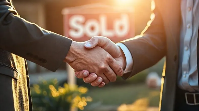 A photorealistic, professional photography, 8K, cinematic lighting, sharp focus, depth of field, shot on a high-end DSLR, showing a handshake between a seller and a buyer, with a 'Sold' sign clearly visible in the background, symbolizing a successful resolution and a closed deal, bathed in warm, optimistic light.