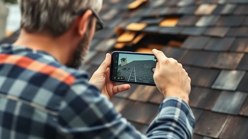 A photorealistic image of a homeowner meticulously taking close-up photos of damaged roof shingles with a smartphone, clear focus on the damaged area, with a ladder and a sturdy pair of work boots visible. Professional photography, 8K, cinematic lighting, sharp focus, depth of field.