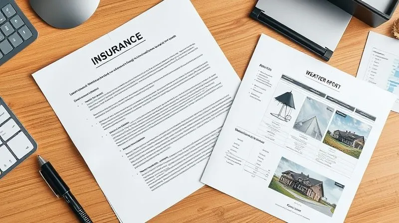 A photorealistic overhead shot of a neatly organized desk with an open insurance policy document, a formal appeal letter, a stack of high-resolution photos of roof damage, and a weather report printout, all professionally laid out. Professional photography, 8K, cinematic lighting, sharp focus on the documents, depth of field.