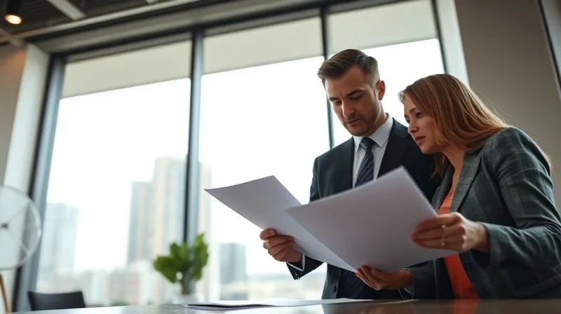 A photorealistic, low-angle shot of a homeowner and a professional attorney reviewing documents in a well-lit, modern office, with a large window showing a blurred cityscape in the background. Professional photography, 8K, cinematic lighting, sharp focus on the people and documents, depth of field.
