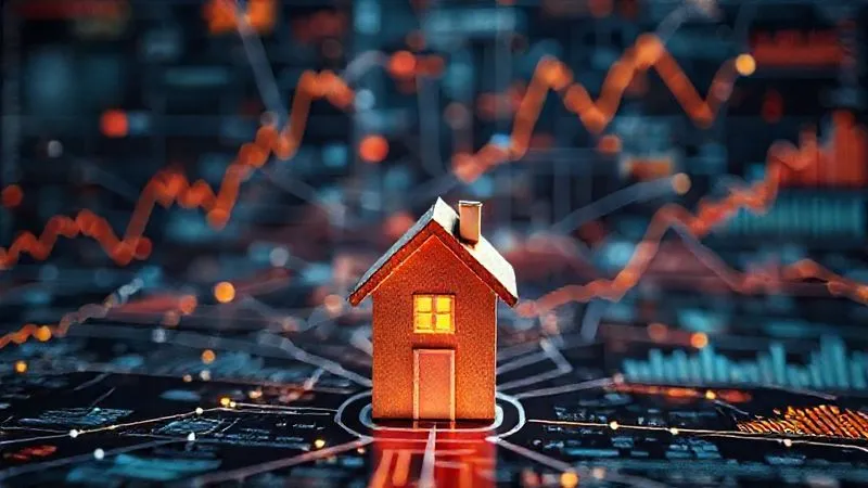 photorealistic, professional photography, 8K, cinematic lighting, sharp focus, depth of field, shot on a high-end DSLR. A complex, interconnected web of economic indicators, including rising interest rate graphs, inflation charts, and demographic population pyramids, all converging on a small, iconic house symbol, illustrating the multifaceted pressures on housing inventory. The scene should convey intricate data relationships with a professional, analytical feel.