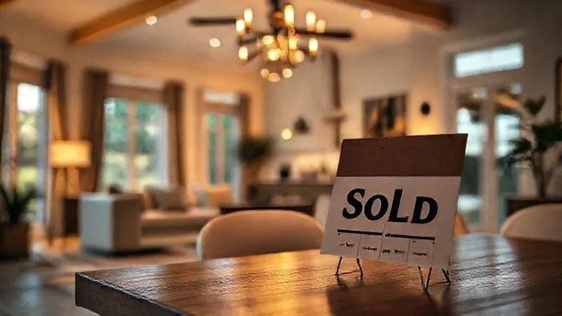 photorealistic, professional photography, 8K, cinematic lighting, sharp focus, depth of field, shot on a high-end DSLR. A beautifully staged home interior, bathed in warm, inviting cinematic lighting, showcasing modern aesthetics and decluttered spaces. A 'Sold' sign with multiple offer tags is visible on a nearby table, subtly indicating high demand and successful strategy. The focus is on the home's appeal and market readiness.