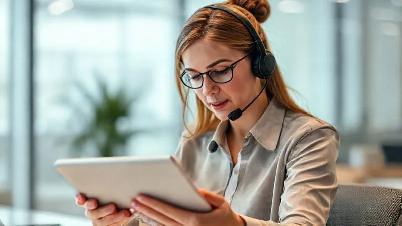 Photorealistic, professional photography, 8K, cinematic lighting, sharp focus, depth of field, shot on a high-end DSLR. A customer service representative with a headset, looking empathetic and professional, assisting a person on a tablet who appears frustrated with a payment error message. The background is a modern, calm office setting, emphasizing support and resolution.
