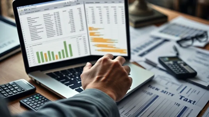 A photorealistic image of an investor's hands meticulously updating a complex financial spreadsheet on a laptop, with a calculator and tax documents scattered on a desk, cinematic lighting, sharp focus on the screen and hands, depth of field, 8K hyper-detailed, professional photography, shot on a high-end DSLR, conveying focused analysis and financial stress.