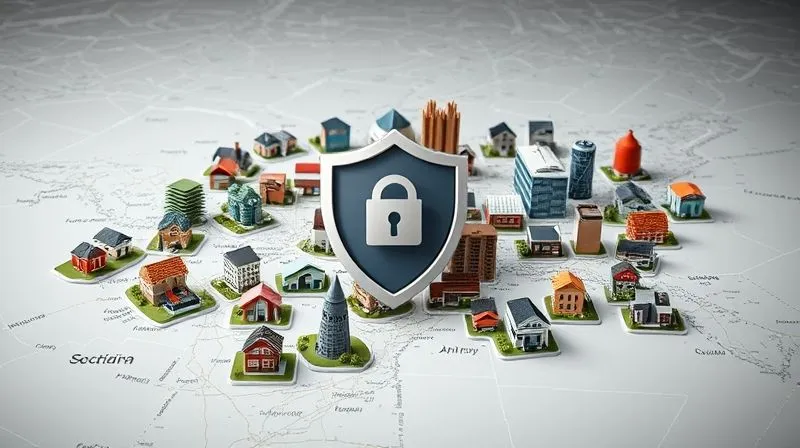 A photorealistic image of a diverse portfolio of properties (residential, commercial, industrial) spread across a map, with a protective shield icon overlay, representing risk mitigation and diversification, professional photography, 8K, cinematic lighting, sharp focus, depth of field, shot on a high-end DSLR, conveying security and strategic planning.