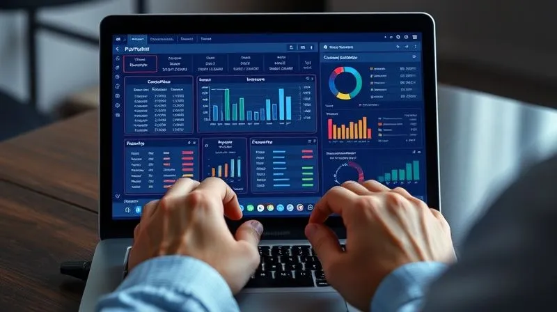 A photorealistic image of a laptop screen displaying a complex, yet intuitive, payroll software interface with multi-state tax calculations and compliance dashboards. Hands are subtly interacting with a keyboard, indicating active management. Professional photography, 8K, cinematic lighting, sharp focus, depth of field, shot on a high-end DSLR, conveying efficiency and control.
