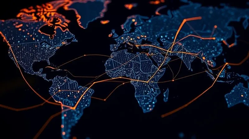 A complex, interconnected global supply chain depicted as glowing lines on a map, with new, alternative pathways emerging and strengthening. Photorealistic, professional photography, 8K, cinematic lighting, sharp focus, depth of field.