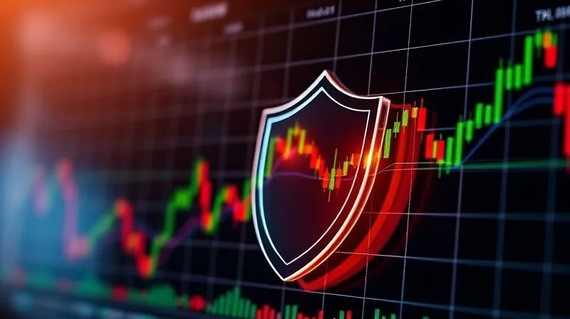 Financial charts overlaid with a protective digital shield, symbolizing risk mitigation against volatile market forces. Professional photography, 8K, cinematic lighting, sharp focus, depth of field.