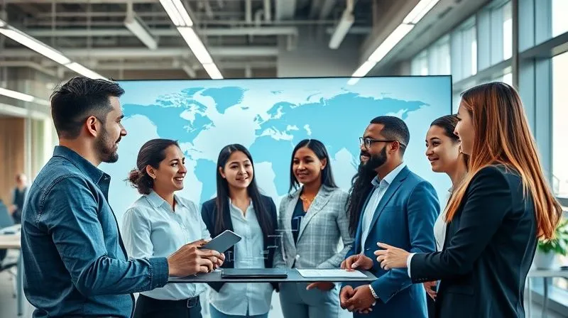 A diverse group of professionals in a modern, collaborative office setting, brainstorming innovative product designs on a transparent screen, global map in the background. Photorealistic, professional photography, 8K, cinematic lighting, sharp focus, depth of field.