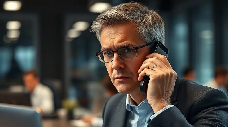 A photorealistic image of a professional financial analyst, looking concerned yet determined, on a phone call in a modern office, with a blurred background showing other team members working. The lighting is slightly dramatic, emphasizing the urgency of the situation. Professional photography, 8K, cinematic lighting, sharp focus, depth of field, shot on a high-end DSLR.