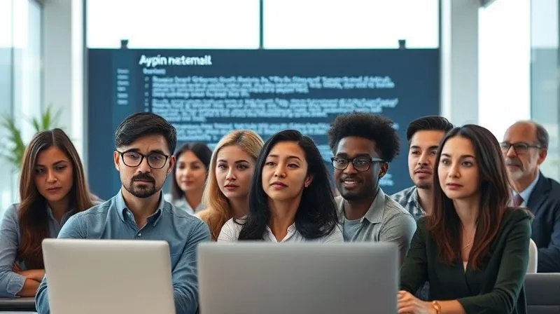 A photorealistic image of a diverse group of employees in a modern office looking at a digital announcement board or a company-wide email on their screens, their expressions ranging from concerned to understanding. The overall mood should be one of unified resilience. Professional photography, 8K, cinematic lighting, sharp focus, depth of field, shot on a high-end DSLR.