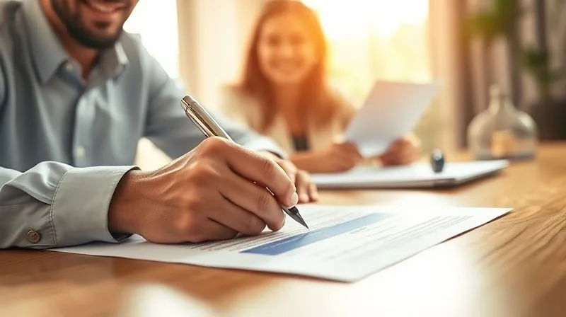 A photorealistic image of a person confidently signing mortgage closing documents at a sunlit desk, with a real estate agent smiling in the background, conveying successful homeownership. 8K, cinematic lighting, sharp focus on the documents and hands, depth of field, shot on a high-end DSLR.