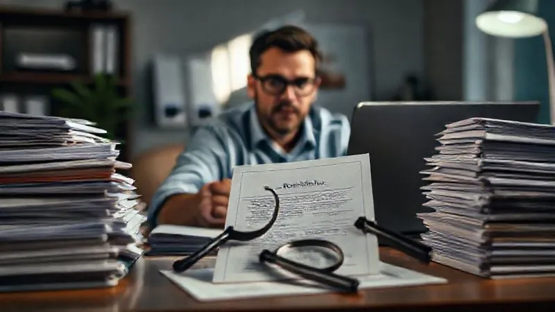 A photorealistic image of a professional at a desk, surrounded by neatly organized stacks of documents, a laptop open, and a magnifying glass resting on a policy document. The professional looks focused and determined, with soft, ambient lighting. Sharp focus on the documents, depth of field blurring the background, 8K hyper-detailed, professional photography, shot on a high-end DSLR.