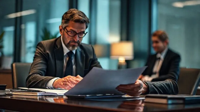 A photorealistic image of a legal professional, possibly a lawyer or consultant, intently reviewing documents on a desk, with a client (out of focus) listening attentively in the background. The scene is set in a modern, well-lit office, conveying professionalism and serious counsel. Cinematic lighting, sharp focus on the documents and the legal professional's face, depth of field blurring the client, 8K hyper-detailed, professional photography, shot on a high-end DSLR.