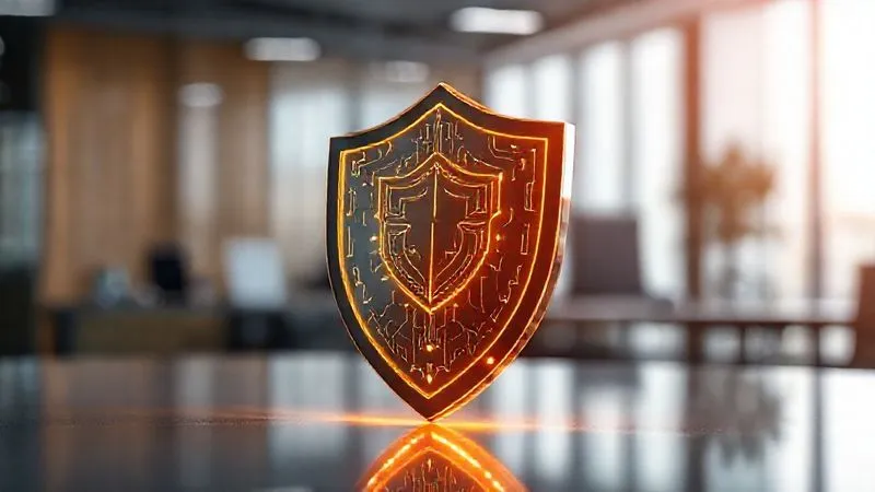 A photorealistic image of a strong, modern shield with intricate, glowing lines of data and protection, subtly integrated into its design, standing upright on a polished surface. The background is a blurred, professional office environment, symbolizing security and foresight. Cinematic lighting, sharp focus on the shield, depth of field, 8K hyper-detailed, professional photography, shot on a high-end DSLR.