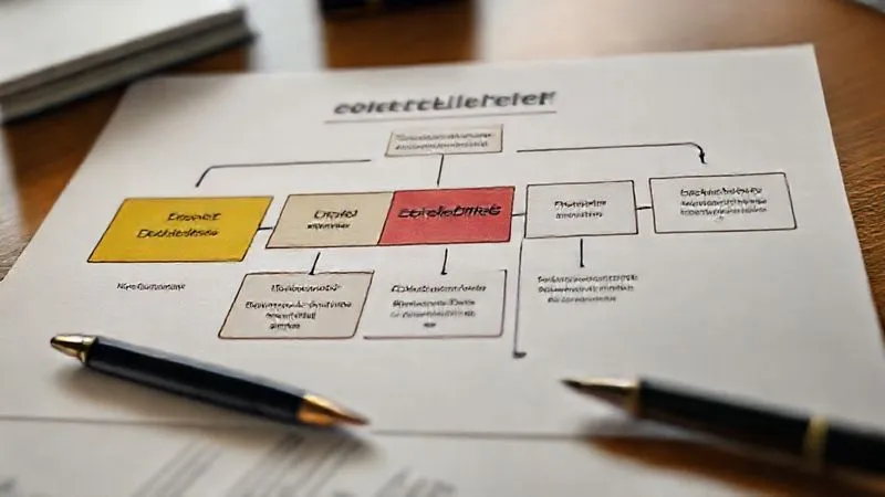 Photorealistic, professional photography, 8K, cinematic lighting, sharp focus, depth of field, shot on a high-end DSLR. A detailed flowchart or roadmap, professionally designed, showing various debt relief options like 'Debt Consolidation', 'Debt Settlement', 'Bankruptcy (Ch. 7 & 13)', with arrows indicating decision points and potential outcomes. The chart uses a clean, authoritative color palette and is clearly legible, set on a modern desk with a pen nearby.