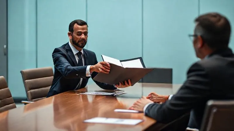 Photorealistic, professional photography, 8K, cinematic lighting, sharp focus, depth of field, shot on a high-end DSLR. A person, dressed professionally, sitting across from another professional (representing a board member) at a conference table, respectfully presenting a folder of documents. The lighting is calm but serious, focusing on the exchange. The background is a modern, clean office or board room.