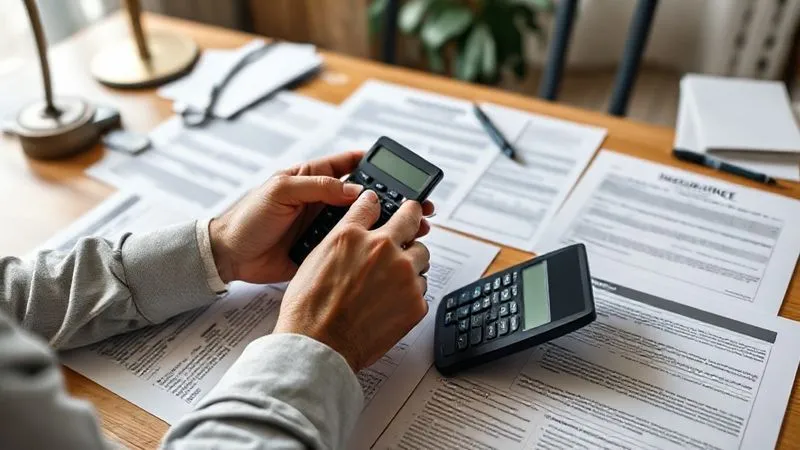 A photorealistic image of multiple insurance policy documents laid out on a table, with a person's hands holding a calculator and pen, meticulously comparing the fine print. The setting is a well-lit home office, conveying diligence and financial responsibility, 8K, cinematic lighting, sharp focus on the documents, depth of field, shot on a high-end DSLR.