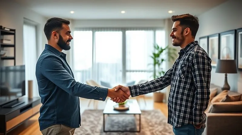 A photorealistic, professional photography, 8K, cinematic lighting, sharp focus, depth of field, shot on a high-end DSLR. A landlord and tenant shaking hands in a newly renovated, modern apartment living room, symbolizing successful rent negotiation and value-add improvements.
