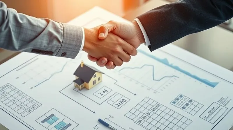 A photorealistic, professional photography, 8K, cinematic lighting, sharp focus, depth of field, shot on a high-end DSLR. Two business people shaking hands over a blueprint of a property, with a financial chart showing an upward trend in the background, symbolizing a successful creative financing deal in a challenging market.