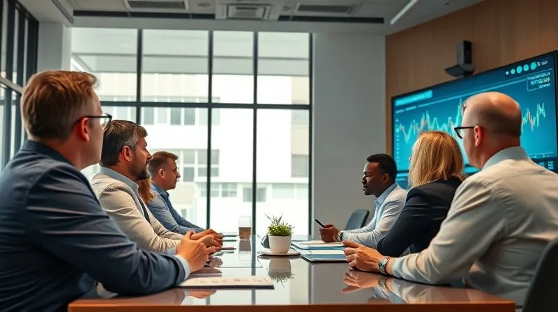 A photorealistic, professional photography, 8K, cinematic lighting, sharp focus, depth of field, shot on a high-end DSLR. A diverse group of real estate investors in a modern conference room, actively listening to a presentation with financial charts on a large screen, symbolizing continuous education and market monitoring.