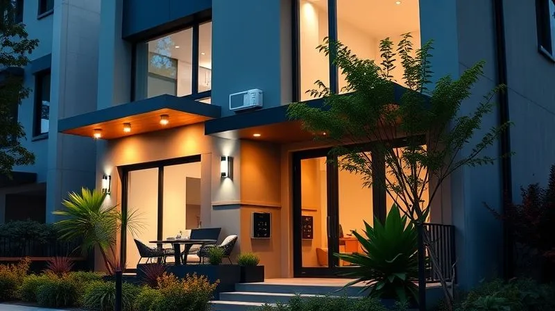 photorealistic, professional photography, 8K, cinematic lighting, sharp focus, depth of field, shot on a high-end DSLR, a modern, well-maintained rental property facade with vibrant landscaping, subtle smart home devices visible, suggesting added value and higher rental potential.