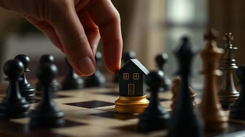 photorealistic, professional photography, 8K, cinematic lighting, sharp focus, depth of field, shot on a high-end DSLR, a hand strategically moving a chess piece (representing a property) on a chessboard, other pieces blurred, symbolizing strategic portfolio rebalancing and disposition decisions.