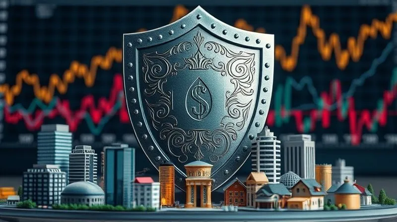 photorealistic, professional photography, 8K, cinematic lighting, sharp focus, depth of field, shot on a high-end DSLR, a strong, stylized financial shield protecting a diverse portfolio of miniature buildings and other investment symbols, set against a backdrop of turbulent economic charts, symbolizing resilience and protection.