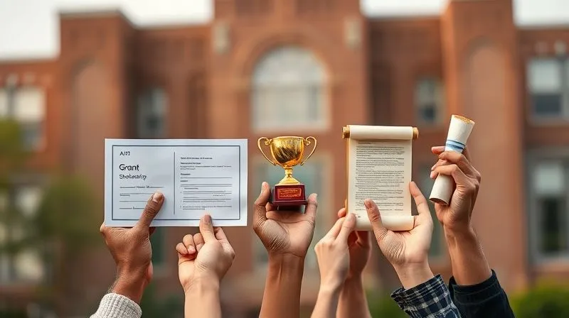 A photorealistic, professional photography, 8K image depicting a diverse group of hands reaching out to grasp various forms of financial aid symbols: a grant certificate, a small scholarship trophy, and a fellowship scroll. The background is softly blurred with academic buildings, cinematic lighting highlighting the hands, sharp focus on the documents, depth of field, shot on a high-end DSLR, symbolizing diverse funding sources.