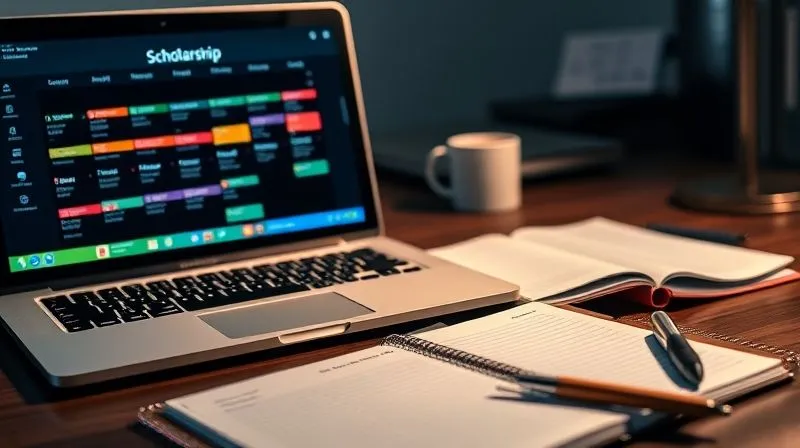 A photorealistic, professional photography, 8K image of a meticulously organized desk. A laptop screen displays a color-coded digital calendar with multiple scholarship deadlines. Beside it, a physical planner is open, and a neatly arranged stack of financial documents sits next to a pen. Cinematic lighting, sharp focus on the digital calendar and planner, depth of field blurring the background, shot on a high-end DSLR, symbolizing proactive planning and organization.
