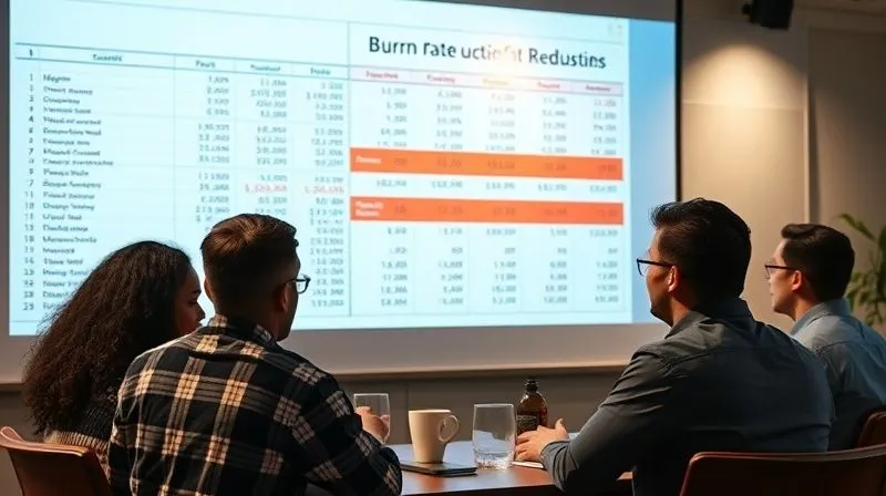 A photorealistic image of a startup team intently reviewing a detailed financial spreadsheet projected onto a wall, highlighting red numbers and areas for cost reduction. The team looks serious but focused, with a whiteboard showing brainstorming notes on 'Burn Rate Reduction'. Cinematic lighting, sharp focus on the team and screen, depth of field, 8K hyper-detailed, shot on a high-end DSLR.