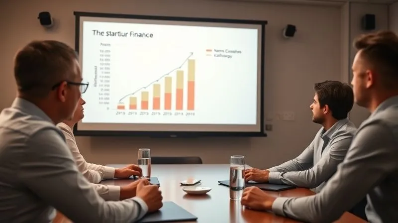 A photorealistic image of a startup founder confidently presenting a revised financial plan and strategy to a small group of venture capitalists in a modern, well-lit board room. The founder uses a laser pointer on a projection showing clear milestones and a growth trajectory. The investors are engaged, listening intently. Cinematic lighting, sharp focus on the presenter, depth of field blurring the background, 8K hyper-detailed, shot on a high-end DSLR.