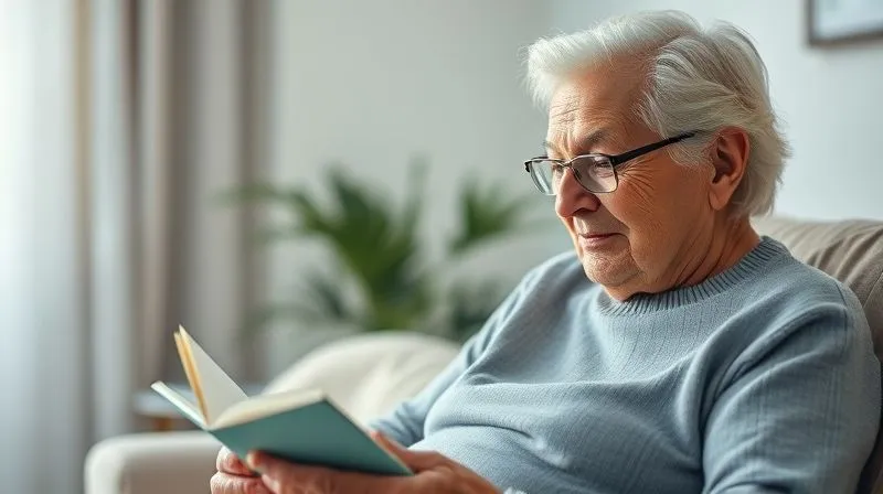 A photorealistic, professional photography, 8K, cinematic lighting, sharp focus, depth of field, shot on a high-end DSLR image of a calm, serene elderly person, perhaps reading a book or gently smiling, in a well-lit, comfortable setting, symbolizing peace of mind and well-managed care. The background is soft and inviting, not clinical.