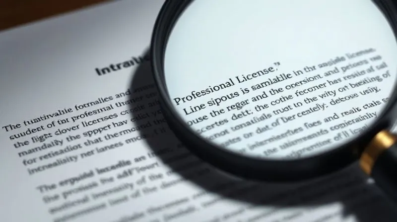 A photorealistic, professional photography, 8K, cinematic lighting, sharp focus, depth of field, shot on a high-end DSLR. Image of a legal document with blurred text, a magnifying glass hovering over a specific clause related to professional licenses and debt, indicating scrutiny and complexity. The lighting is dramatic, highlighting the importance of the legal text.