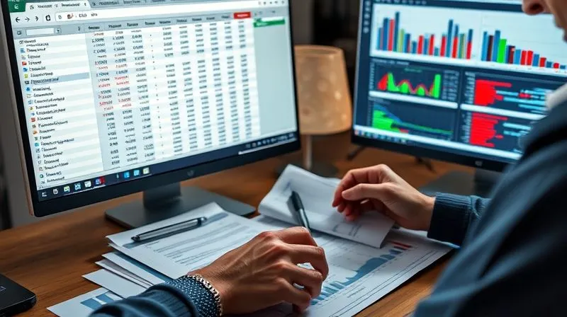 A photorealistic, professional photography, 8K, cinematic lighting, sharp focus, depth of field, shot on a high-end DSLR. Image of a person meticulously reviewing financial documents and a computer screen displaying a complex spreadsheet with charts and numbers, representing income and expenses. A calculator is nearby, and the person appears focused and determined, symbolizing financial planning and taking control.